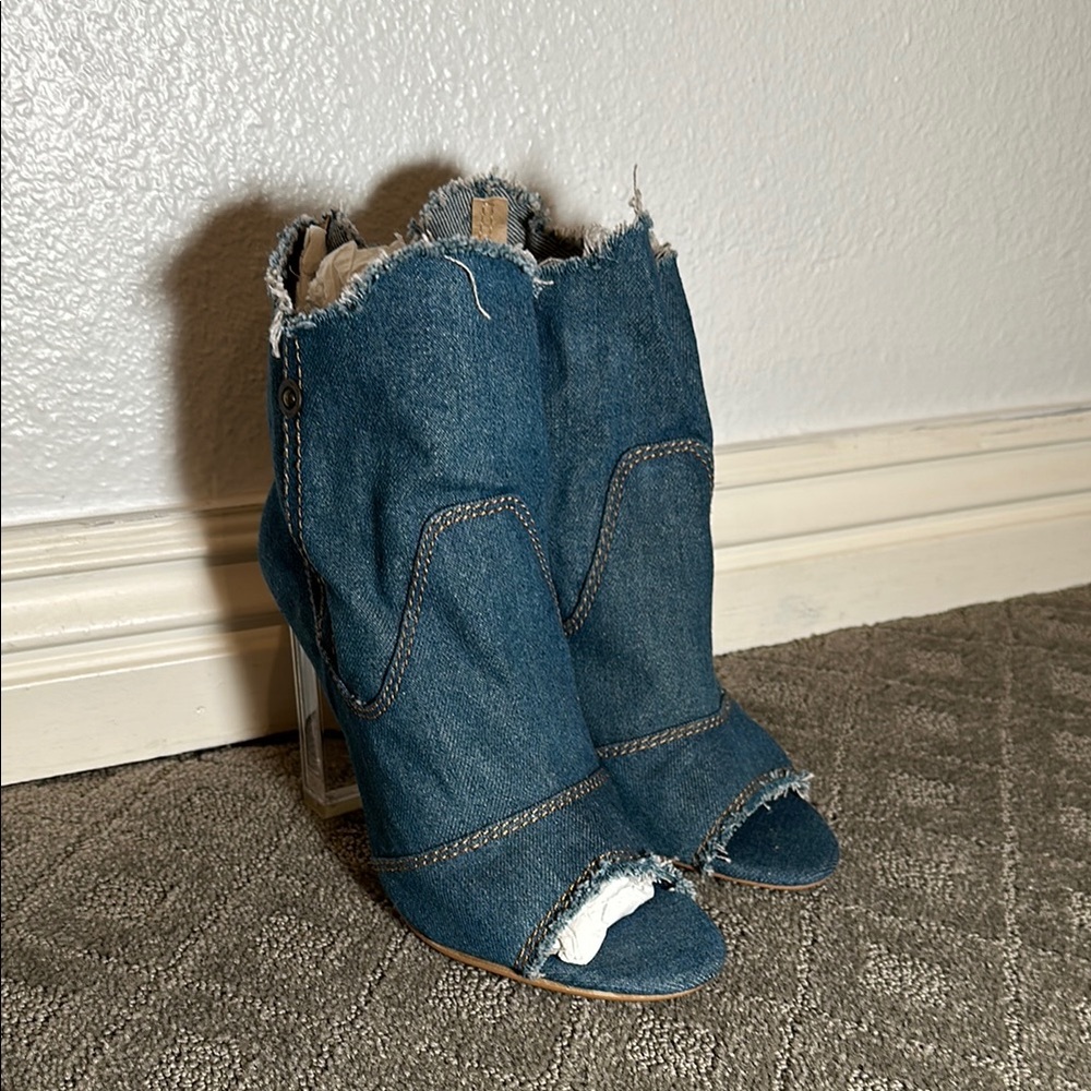 Denim Peep-Toe Ankle Boots